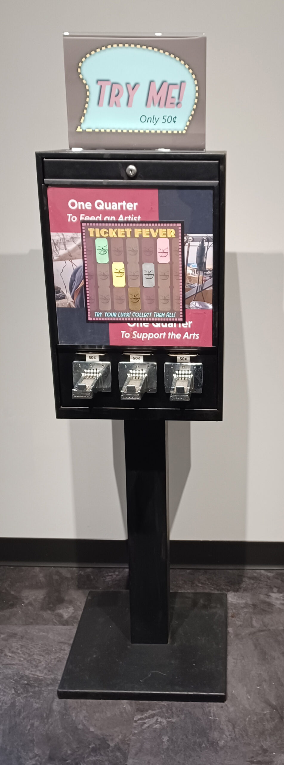 Sculpture of vending machine that vends artist made tickets